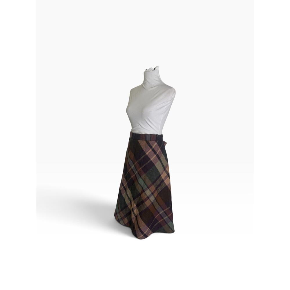 Vintage 70s Wool Plaid Midi Skirt XL Dark Academia A-Line Brown - Picture 4 of 6